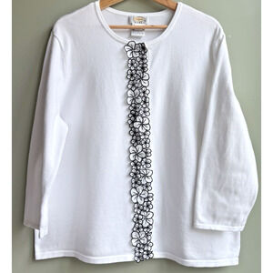 VTG Talbots Snap Button Front Cardigan Sweater White Black Floral Applique 1X